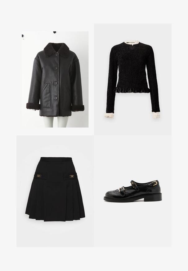Czarna skórzana kurtka z brązowym kołnierzem z owczej wełny, zapinana z przodu na guziki, z dwoma bocznymi kieszeniami i dodatkami z owczej wełny na mankietach.; Czarny top z długim rękawem, z teksturowanej tkaniny, z falbaną na dolnym brzegu oraz białymi falbankami przy kołnierzyku i mankietach. Posiada centralne zapięcie na pętelkę.; Czarna plisowana spódnica z złotymi akcentami. Posiada boczne kieszenie z logo, wykonana z gładkiego materiału. Sylwetka w kształcie litery A.; Czarne skórzane buty z detalami brogu, z dwoma klamrami, okrągłym noskiem i niskim obcasem. Gładka tekstura z błyszczącym wykończeniem.