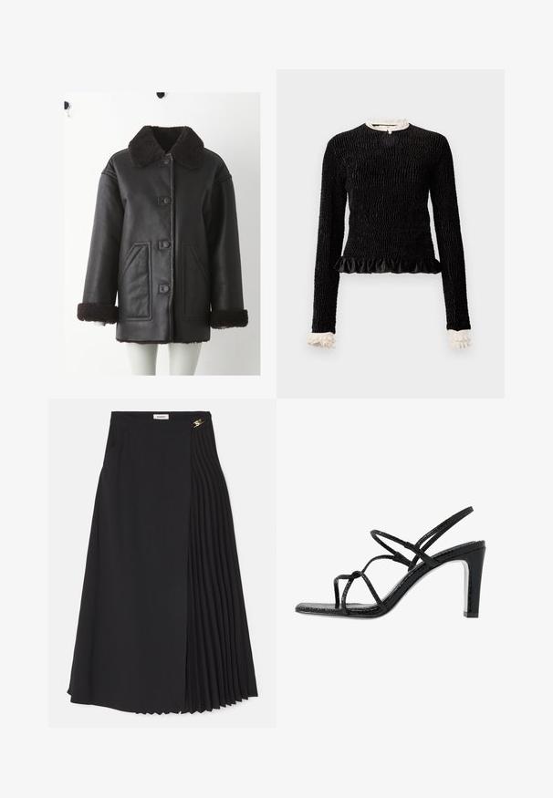 Zwarte leren jas met een bruine schapenvachtkraag, knoopsluiting aan de voorkant, twee zakken aan de zijkant en schapenvachtaccenten op de manchetten.; Zwarte lange mouwen top van textuurstof, met een gerimpelde zoom en witte rimpelaccenten bij de kraag en mouwen. Bevat een centrale lus sluiting.; Zwarte midi-rok met een geplooid ontwerp aan één kant, gemaakt van lichtgewicht stof met een verborgen ritssluiting en zijzakken.; Zwarte hoge sandalen met dunne banden, een gestructureerde afwerking, open teen en een slank, puntig hakontwerp. Beschikt over een gladde inlegzool en een glanzend oppervlak.