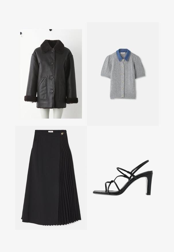 Juoda odinė striukė su rudos spalvos avies vilnos apykakle, priekine užsegama mygtukais, dviem šoninėmis kišenėmis ir avies vilnos akcentais rankogaliuose.; Pilkas megztas trumpomis rankovėmis kardiganas su pynimo raštu, turintis džinsinį apykaklę ir penkis auksinius mygtukus priekyje.; Juodas midijonas su raukiniais vienoje pusėje, pagamintas iš lengvos medžiagos, su paslėptu užtrauktuku ir šoninėmis kišenėmis.; Juodi aukšti sandalai su plonomis dirželėmis, tekstūruotu paviršiumi, atvira kojų pirštų dalimi ir elegantišku, smailiu kulnu. Yra lygus įdėklas ir blizgus paviršius.