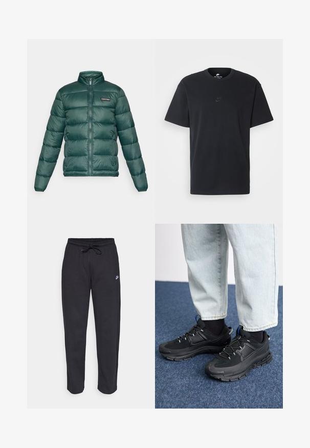 Green puffer jacket with full front zipper, high collar, side zip pockets, and Calvin Klein logo patch on the chest.; Nike black cotton t-shirt with a classic crew neck, short sleeves, and a subtle, embossed logo on the chest. Smooth texture.; Black sweatpants made of soft fabric with an elastic waistband, drawstring, and a small Nike logo on the left thigh.; Black athletic shoes with textured fabric and rubber soles, featuring elastic laces and a blue accent on the heel. Worn with light denim pants.
