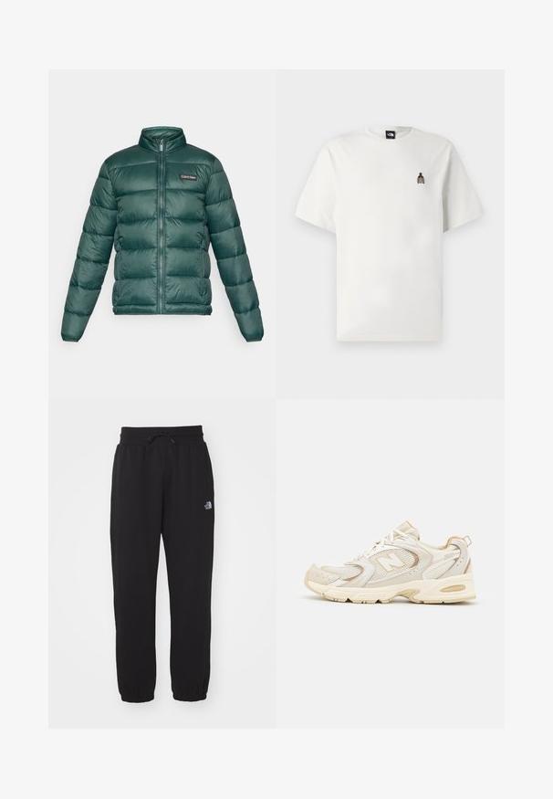 Casaco puffer verde com fecho frontal completo, gola alta, bolsos laterais com fecho, e patch do logótipo Calvin Klein no peito.; T-shirt de algodão branco com um pequeno gráfico bordado de uma garrafa no lado esquerdo do peito. Decote redondo clássico e mangas curtas.; Calças de moletom pretas feitas de tecido macio, com um cós elástico com cordão, tornozelos com punho e um pequeno logótipo na parte superior da coxa.; Tênis de desporto bege com sobreposições em malha e sintético, apresentando uma superfície texturizada, colarinho almofadado e amortecimento "ABZORB" no calcanhar.