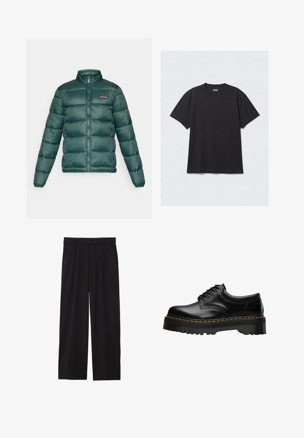Zielona kurtka puchowa z pełnym zamkiem z przodu, wysokim kołnierzem, bocznymi kieszeniami na zamek oraz naszywką z logiem Calvin Klein na klatce piersiowej.; Czarna koszulka z krótkim rękawem wykonana z bawełny. Posiada okrągły dekolt i luźny krój. Prosty design, bez widocznych wzorów czy akcentów.; Czarne spodnie w stylu szerokich nogawek z plisowanym przodem, bocznymi kieszeniami i gładką teksturą materiału. Zaprojektowane w luźnym kroju.; Czarne skórzane buty sznurowane z grubą, ząbkowaną czarną gumową podeszwą i żółtym przeszyciem wzdłuż krawędzi, charakteryzujące się gładkim wykończeniem.