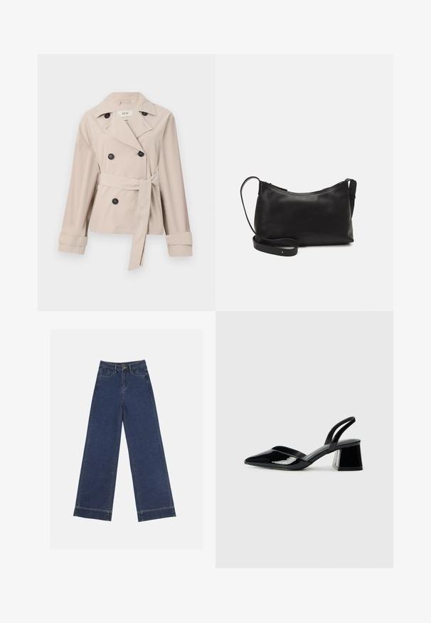 Beige double-breasted trench coat with a tied waist, large black buttons, wide lapels, and rolled cuffs. Smooth, lightweight fabric.; White cropped shirt made of cotton, featuring a button-up front, a classic collar, and a single chest pocket with short sleeves.; Wide-leg jeans in dark blue denim. Features five pockets, belt loops, and a raw hem at the bottom with visible stitching details.; Black patent leather slingback heels with a pointed toe and a geometric block heel. Features a sleek, minimal design and smooth texture.; Black leather shoulder bag with a smooth texture, curved shape, adjustable strap, and a zip closure. Minimalist design without embellishments.