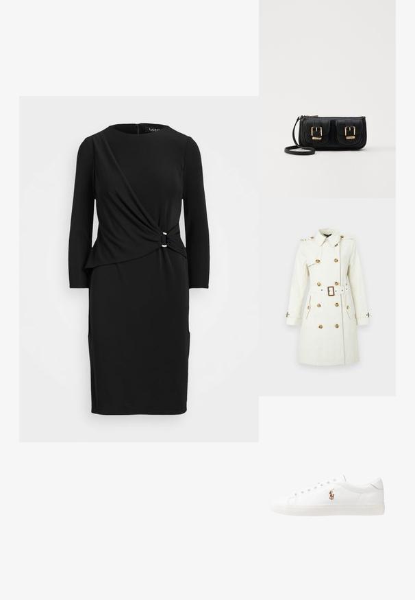 Beige trenchcoat med dubbelknäppt design, stora knappar, skärp i midjan och axelband. Långa ärmar och sidofickor.; Svart långärmad klänning med knutdetalj vid midjan, rund halsringning och två fickor, tillverkad av ett mjukt och stretchigt tyg.; Vita lädersneakers, låg design, med en slät yta, rund tå, snörning fram och en liten broderad logotyp på sidan.; Svart läderaxelväska med två framfickor, guldspännen, dragkedjestängning och en smal rem. Texturerad yta och kompakt rektangulär form.