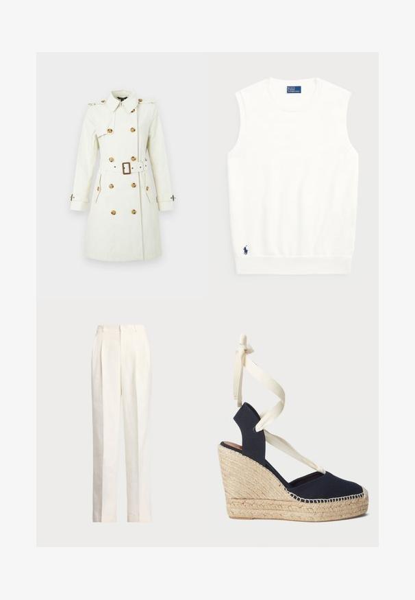 Smėlio spalvos tranšėjo paltas su dvigubo sagstymo dizainu, didelėmis sagomis, diržu juosmens srityje ir antpečiais. Ilgos rankovės ir šoninės kišenės.; Balta be rankovių liemenė, pagaminta iš lygios medvilnės, su raukštu apvadu ir mažuoju tamsiai mėlynu logotipu apatiniame kairiajame kampe. Paprastas dizainas, be raštų.; Polo Ralph Lauren HEMP WIDE LEG PANT - Kelnės - nevis; Laivyno mėlynos drobinės pakulnės šlepetės su espadrilės virve ir grietinėlės spalvos kaspinais aplink kulkšnį. Uždara kulniuko ir apvalios noselės dizainas.