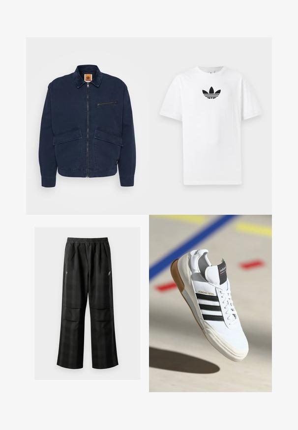 Timberland STRAFFORD JACKET - Poletna jakna - dark sapphire; Bela bombažna majica s črnim logojem Adidas na sredini. Kratki rokavi in oblikovanje z okrog lim. Gladka tekstura.; Črne karirane hlače z elastičnim pasom, dvema sprednjima žepoma in ohlapnim krojem s pravimi nogavicami. Narejene so iz lahke tkanine.; Beli Adidas Mundial Goal športni copat z črnimi črtami in gumijastim podplatom, prikazan v zraku nad športnim igriščem z barvnimi črtami.
