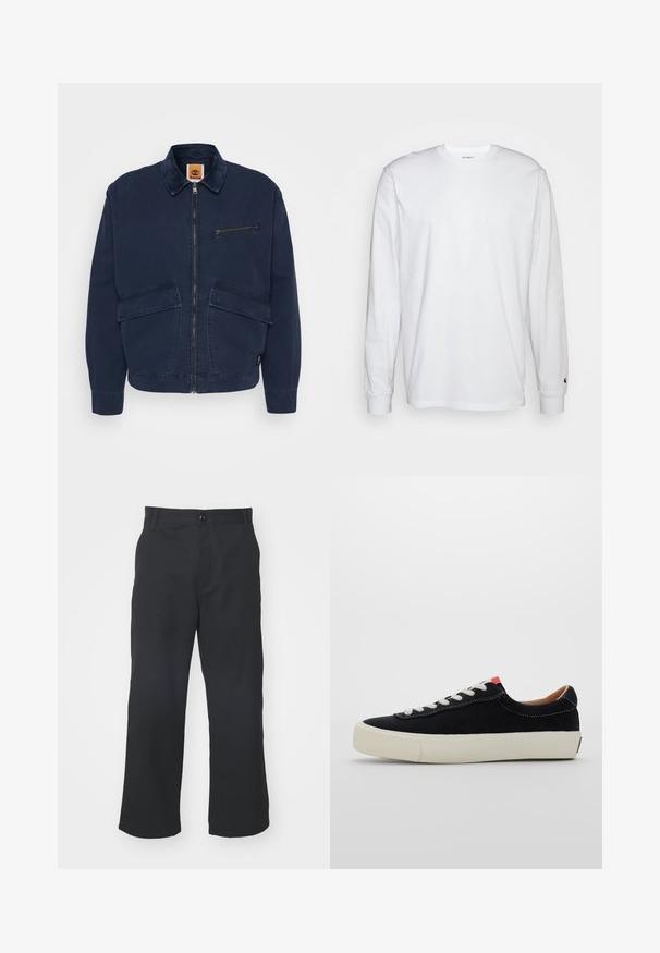 Timberland STRAFFORD JACKET - Sommerjakke - dark sapphire; Hvit langermet T-skjorte laget av bomull. Rund hals-design med ribbestrikkede mansjetter og en liten logo på venstre erme. Glatt tekstur.; Sorte, rette ben bukser laget av stoff med en glatt tekstur, med knappelukking foran og standardlommer.; Svarte tekstil-sneakers med hvite snørebånd, beige gummisåle og rødt akssent ved hælen. Rund tå og minimal stingdetalj.