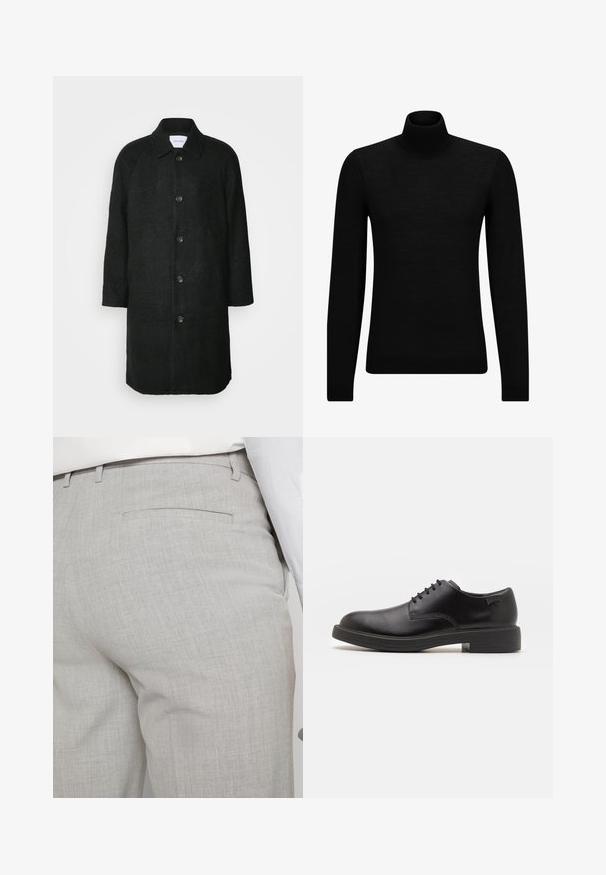 Les Deux MICHAEL 3.0 COAT - Klassischer Mantel - black; Schwarzer Rollkragenpullover aus weichem Material mit langen Ärmeln und enger Passform. Rippbesatz am Saum und an den Bündchen. Einfaches Design.; Hellgraue, maßgeschneiderte Hose aus strukturiertem Stoff, mit einer einzelnen Gesäßtasche und sauberer Nahtführung.; Schwarzer Leder-Schnürschuh mit abgerundetem Zeh, glatter Textur, minimaler Naht und niedrigem Gummiabsatz. Logo auf der Ferse.