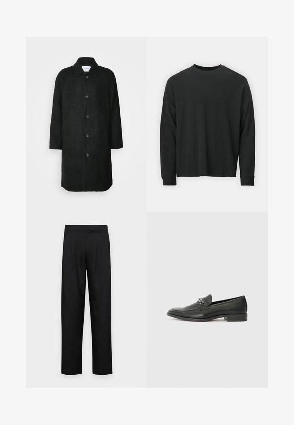 Les Deux MICHAEL 3.0 COAT - Classic coat - black; Long-sleeve black T-shirt made of cotton, featuring a round neckline, loose fit, and ribbed cuffs. Smooth texture with no visible patterns.; Black trousers made of smooth fabric, featuring a straight-leg design, two front pleats, and standard waistband with belt loops.; Black leather loafer with a smooth finish, featuring a stitched design and a decorative metal chain accent across the vamp. Flat heel.