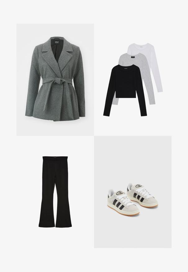 ONLY ONLALVILDA LIFE SHORT WRAP COAT - Īss mētelis - medium grey melange; Trīs garām piedurknēm veidotas augšdaļas, sakrautās: melna, pelēka un balta. Katram ir noapaļots kakla izgriezums un īsa dizaina forma ar gludu, vieglu audumu.; Melnas flared leggings, kas izgatavotas no stiepjama auduma. Iezīmējas ar platu jostasvietu un gludu tekstūru, ar pieguļošu siluetu, kas paplašinās pie apakšmalas.; Pelēkas zamšādas kedas ar baltām saites, melnām svītrām un baltu gumijas zoli. Raksturīga apļa logo uz mēles un gumijas zole.