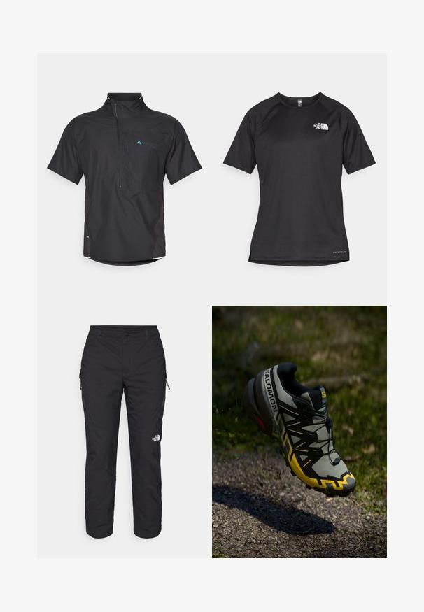 Black short-sleeve shirt with a zippered front, mesh accents, and side panels. Features a logo in blue on the upper left. Lightweight material.; Black short-sleeve athletic shirt with a textured fabric, featuring a white logo on the left chest and a straight hem.; The North Face WINTER EXPLORATION TAPERED CARGO - Outdoor trousers - black; Salomon trail running shoe in muted gray with bright yellow accents. Features a textured sole, secure lacing system, and a cushioned collar.