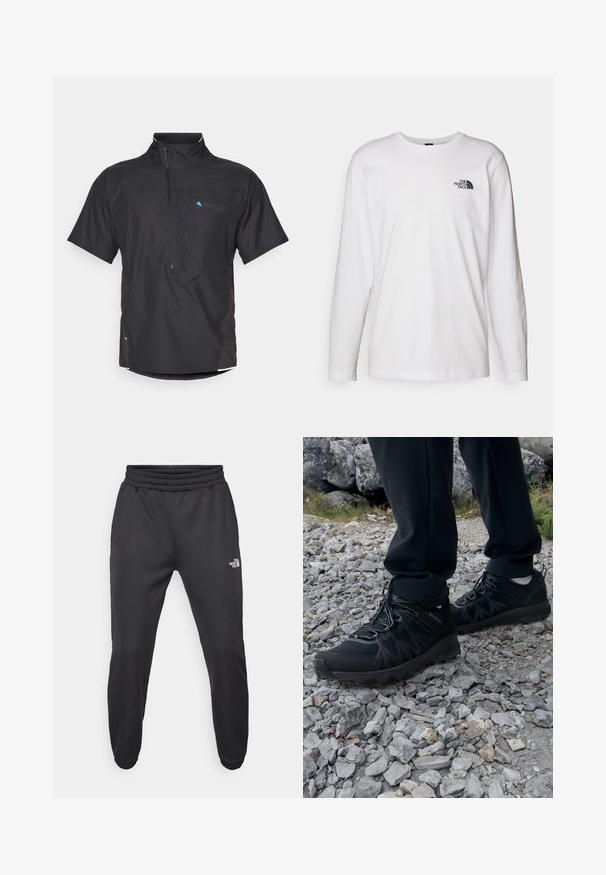 Zwarte shirt met korte mouwen en een ritssluiting aan de voorkant, met gaasaccenten en zijpanelen. Bevat een blauw logo op de bovenste linkerzijde. Lichtgewicht materiaal.; Witte lange mouwen T-shirt gemaakt van katoen met een ronde hals. Beschikt over een klein zwart logo op de borst. Soepele textuur, normale pasvorm.; Zwarte sweatpants met een trekkoord in de taille, tapered fit, elastische boorden en een klein wit logo op de linker dij, gemaakt van gladde stof.; Zwarte buitenschoenen van mesh en synthetisch materiaal, met een gestructureerd bovenwerk, een beveiligd vetersysteem en een robuuste zool, op een ruig terrein.