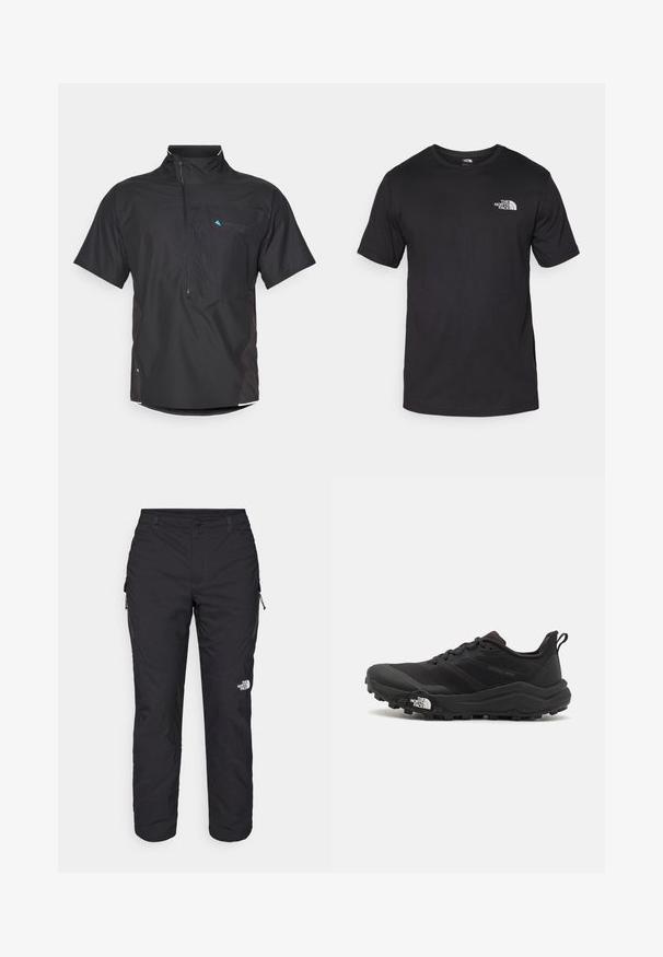 Sort kortærmet skjorte med lynlås foran, meshlignende detaljer og sidelister. Har et blåt logo på øverste venstre. Letvægtsmateriale.; Sort kortærmet t-shirt lavet af bomuld, med rund halsudskæring og et lille hvidt logo på den øverste venstre brystområde.; The North Face WINTER EXPLORATION TAPERED CARGO - Outdoorbukser - black; Sort trail løbesko med en struktureret overdel, gummisål og forstærket tåhætte. Har en polstret krave og en pull-tab til nem påtagning.