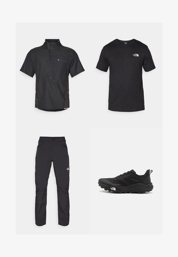 Fekete, rövid ujjas póló cipzáros elülső résszel, hálós betétekkel és oldalsó panelekkel. Bal felső részen kék logó található. Könnyű anyag.; Fekete rövidujjú pamut póló, kerek nyakkivágással, a bal felső mellkason egy kis fehér logóval.; Fekete kültéri nadrág, cipzáras elülső zsebbel, szintetikus anyagból készült, szűkített lábakkal és megerősített térdpanelekkel. Gombos záródással rendelkezik.; Fekete terepfutó cipő, textúrált felső résszel, gumitalppal és megerősített lábujjrészével. Párnázott bokarésszel és húzófüllel rendelkezik a könnyű felhúzáshoz.