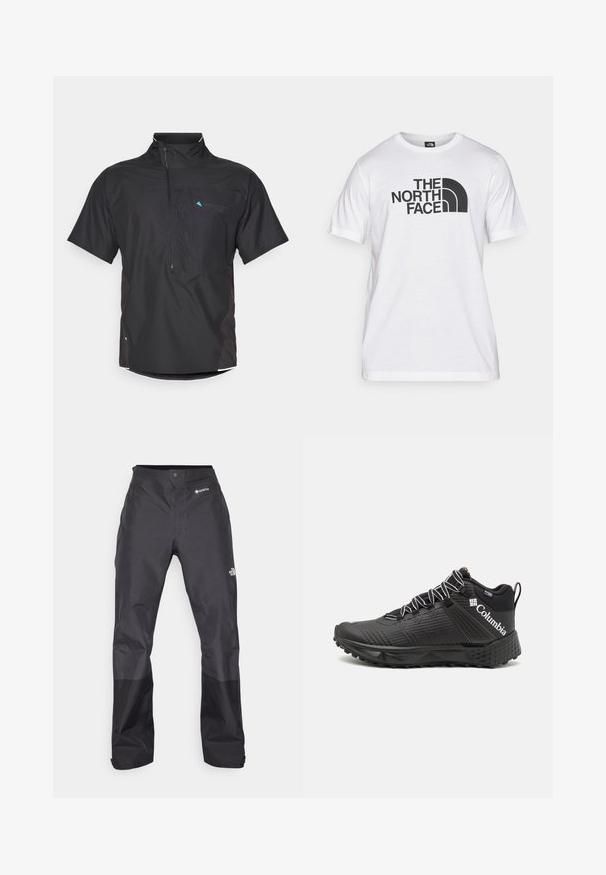 Schwarzes Kurzarmhemd mit Reißverschluss vorne, Mesh-Akzenten und Seitenpanelen. Mit einem blauen Logo oben links. Leichtes Material.; Weißes Baumwoll-T-Shirt mit einem schwarzen Grafikdruck, der Text und ein geschwungenes Logodesign zeigt. Runder Halsausschnitt und kurze Ärmel. Schlichte Textur.; Schwarze wasserdichte Hose mit glatter Textur, ausgestattet mit einem GORE-TEX-Logo auf der Vorderseite und verstärkten Unterschenkeln für zusätzliche Haltbarkeit.; Schwarze Sportschuhe mit strukturiertem Obermaterial, kontrastierenden weißen Schnürsenkeln und Columbia-Logo an der Seite. Verfügt über eine robuste Sohle für besseren Halt.