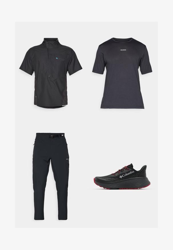 Zwarte shirt met korte mouwen en een ritssluiting aan de voorkant, met gaasaccenten en zijpanelen. Bevat een blauw logo op de bovenste linkerzijde. Lichtgewicht materiaal.; Zwarte korte mouwen performance t-shirt van ademend materiaal, met een ronde halslijn en een klein wit "SALOMON" logo op de borst.; Columbia ESSENTIAL HIKE™ PANT - Outdoorbroeken - black; Zwarte sportieve schoen met een gestructureerd bovenwerk, rode veters en logo. Dikke zool met gestreepte loop voor grip. Minimalistisch ontwerp, zijaanzicht.
