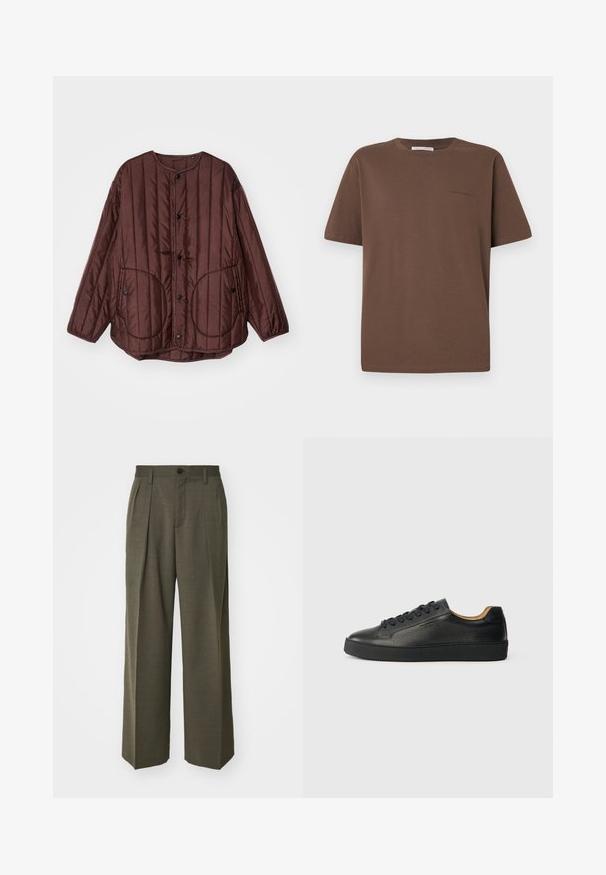 Brun quilted jakke med rund hals, trykknapper, to store sirkulære lommer og teksturert vertikal søm gjennom hele.; Brun bomull T-skjorte med rund hals, korte ermer og en liten logo trykt på forsiden. Flat tekstur, avslappet passform.; Filippa K WIDE TROUSERS - Bukse - driftwood; Svart lavt skinnsneaker med teksturert overflate, svarte lisser og tykk gummisåle, vist fra siden på en lys bakgrunn.