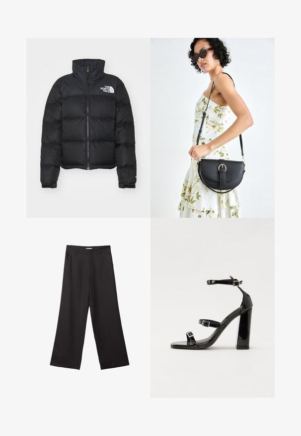 Sort pufferjakke med høj krave, lynlås foran og ribbede manchetter. Har horisontale quiltede sektioner og et hvidt logo på brystet.; Simpel sort kortærmet bomulds T-shirt med rund hals, præsenteret på en hvid baggrund.; Sorte bukser med vidde, lavet af glat stof, med en frontlynlås og to sidelommer, i en skræddersyet pasform og minimalistisk design.; Sorte patenterede hælsandaler med firkantet tå, ankelremme og sølvspænder. Har en chunky blokHæl for stabilitet.; Sort læderhåndtaske med en buet form, aftagelig rem og guldfinish. Tasken har en klap med en spænde detalje.