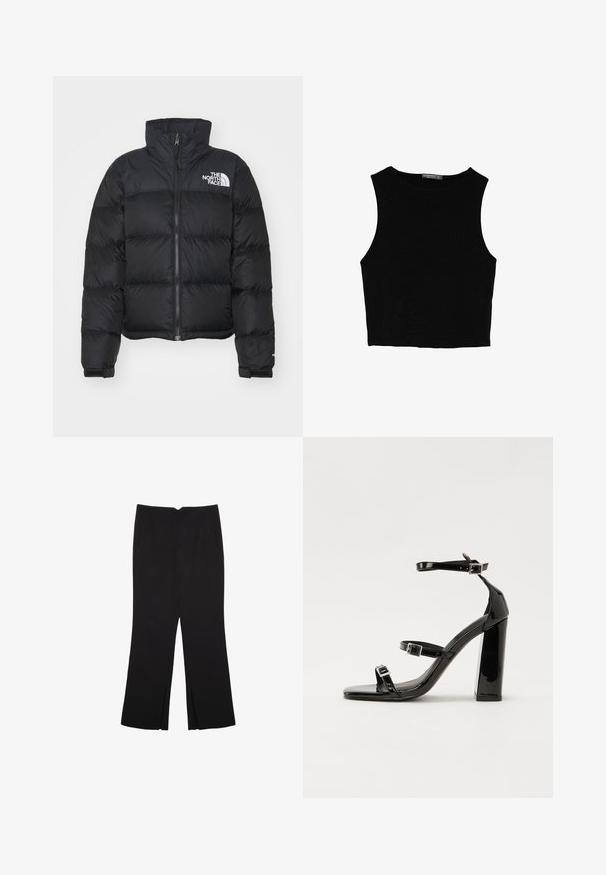 Čierna páperová bunda s vysokým golierom, so zipsom vpredu a rebrovanými manžetami. Obsahuje horizontálne prešívané sekcie a biele logo na hrudi.; Čierny bezrukávový crop top vyrobený z hladkej tkaniny, so zaobleným výstrihom a čistým, jednoduchým dizajnom bez vzorov alebo kovania.; Čierne nohavice so strihom rovného strihu, s prednými vreckami a bočnými rozparkami na leme. Vyrobené z mäkkej, hladkej tkaniny. Vhodné na rôzne príležitosti.; Čierne lakované sandále na podpätku so štvorcovou špičkou, navlečenými remienkami okolo členku a striebornými prackami. Disponujú masívnym blokovým podpätkom pre stabilitu.