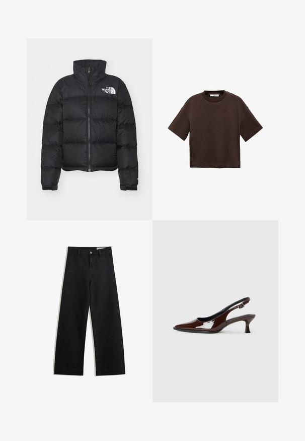 Zwarte pufferjack met hoge kraag, rits aan de voorkant en geribbelde manchetten. Bevat horizontaal gestikte secties en een wit logo op de borst.; Bruine T-shirt met korte mouwen, gemaakt van zachte katoen. Heeft een ronde halslijn en een recht model, met een gladde textuur en geen zichtbare patronen.; Zwarte denim broek met wijde pijpen en een hoge taille, voorzien van voor- en achterzakken, gestikte naden en een knoopsluiting. Gladde textuur.; Bruine gepatineerde leren slingback-schoen met een spitse neus en een gematigd hakje. Voorzien van een gespsluiting voor een veilige pasvorm. Glad van textuur.