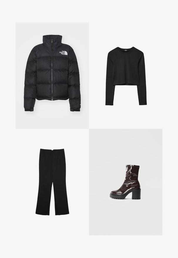 Černá péřová bunda s vysokým límcem, předním zipem a žebrovanými manžetami. Obsahuje horizontálně prošívané sekce a bílé logo na hrudi.; Černý dlouhý rukáv cropped top s kulatým výstřihem, jednoduchý design a mírně zaoblený lem.; Černé kalhoty s rovným střihem, s předními kapsami a bočními rozparky na lemu. Vyrobené z jemné, hladké tkaniny. Vhodné na různé příležitosti.; Lesklá bordó kotníková bota s masivním černým podpatkem, se hladkým povrchem a jednoduchým designem. Žádné viditelné zapínání ani vzory.