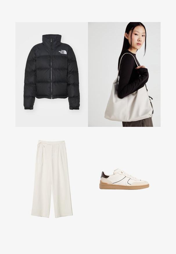 Svart puffjacka med hög krage, dragkedja framtill och ribbade ärmslut. Har horisontella quiltade sektioner och en vit logotyp på bröstet.; Vit t-shirt med kort ärm i bomull. Har en rundad halsringning och en avslappnad passform. Slät textur utan synliga mönster eller detaljer.; Vidbenade byxor i off-white tyg med en mjuk textur. Har en knytt midja och plisserad framdel, designade för en avslappnad passform.; Stradivarius Sneakers - white; Beige handväska tillverkad av mjukt material, med en avslappnad design, sydda detaljer och två axelremmar. Lämplig för dagligt bruk.