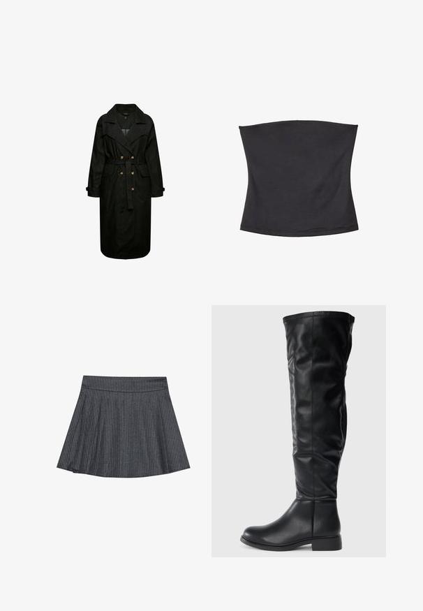 Svart denim trench coat med bälte i midjan, stora kragar och framfickor. Har knapпр-detaljer och långa ärmar.; Svart tubtopp av mjukt, stretchigt tyg. Slät textur med ett elastiskt band vid över- och underkanten för säker passform. Ingen mönstring.; Grårandig skaterkjol med en åtsittande midja, utsvängd A-linjeform och mjuk tygtextur. Vertikala linjer ökar den visuella intresset.; Svarta knähöga stövlar gjorda av slätt läder, med rund tå, låg blockklack och ett något lösare skaft med sömdetaljer.
