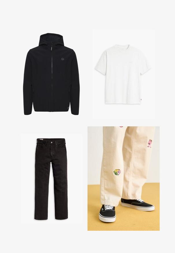 Svart mjukskaljacka med huva, framdragkedja, två sidofickor och en liten logotyp på bröstet. Slät textur, minimalistisk design.; Vit bomulls t-shirt med korta ärmar, rundad halsringning och subtil Levi's-logotyp tryckt i mitten. Mjuk textur och standard passform.; Svarta raka denimjeans med fem fickor, knappstängning och bälteshällor, liggande plant på en vit bakgrund.; Beiga bomullbyxor med lekfulla broderade mönster, inklusive en rosa karaktär och färgglad ruta, kombinerat med svarta snörkängor.