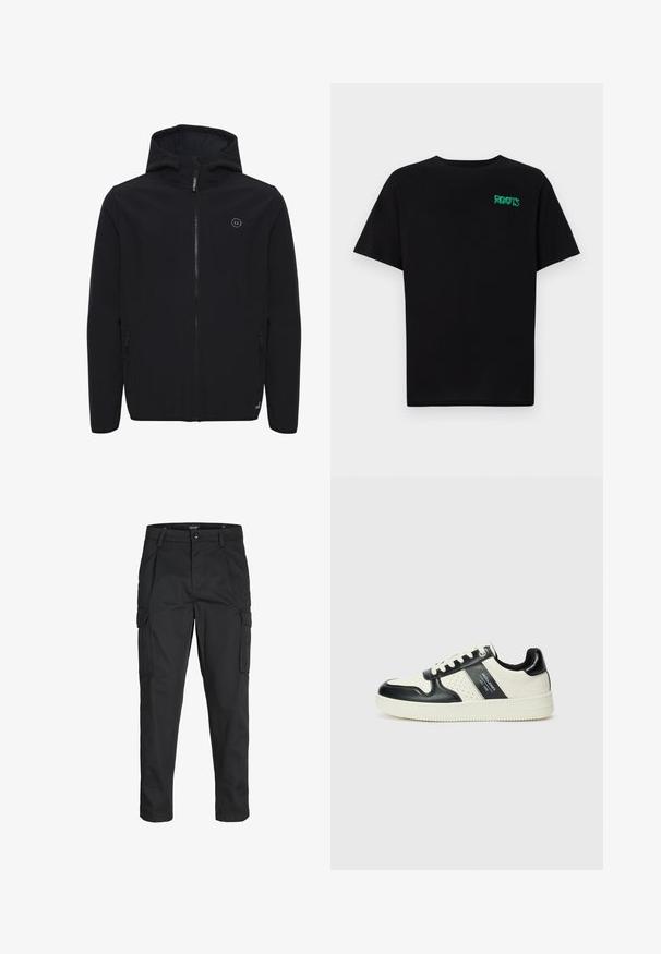 Črna softshell jakna s kapuco, sprednjim zadrgo, dvema stranskima žepoma in manjšo oznako na prsih. Gladka tekstura, minimalističen dizajn.; Črna majica iz bombaža z kratkimi rokavi. Na sprednji strani ima zeleno logotip "ROOTS", okroglo ovratnico in standardno prileganje.; Črne cargo hlače iz trdnega blaga, ki imajo več žepov, gumbasto zapiranje in ozek kroj z zožanimi nogami.; Usnjeni športni čevlji z črno in krem barvno shemo, ki vključujejo perforirane dodatke, podložen ovratnik in strukturirano podplat.