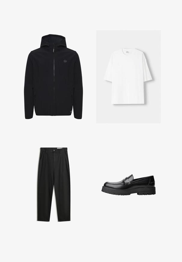 Crna jakna od softshella s kapuljačom, prednjim zatvaračem, dva bočna džepa i malim logom na prsima. Glatka tekstura, minimalistički dizajn.; Bijela kratkodlana majica s kratkim rukavima, izrađena od pamuka, s okruglim izrezom i opuštenim krojem. Gladak materijal, bez vidljivih uzoraka ili akcenta.; Crne pamučne hlače s opuštenim krojem, s klasičnim pojasom, prednjim nabranjima i bočnim džepovima. Glatka tekstura bez uzoraka.; Crna kožna mokasina s debelim potplatima i dekorativnom trakom preko gornjeg dijela, prikazana u lijevom bočnom profilu na bijeloj pozadini.