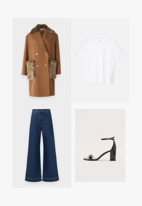 Rudas vilnonis paltas su dirbtinio kailio apykakle ir šoninėmis kišenėmis. Dvigubo skeltuko dizainas su auksinėmis mygtukais ir tiesiu sijonu. Minkšta tekstūra.; Balta medvilnės marškinėliai trumpomis rankovėmis, apvalia iškirpte, laisvo kirpimo ir su siūtu kraštu. Etiketė matoma vidinėje iškirptės pusėje.; Plati mėlynos džinsinės kelnės su aukštu liemeniu, turinčios mygtukų užsegimą, diržo kilpas ir subtilius siuvinėjimo akcentus ant kišenių bei apdailos.; Juodas lakinės odos sandalai su plačiu kulnu, atvira koja ir kulkšnies juostele, turinčia auksinę sagtį. Lygi tekstūra ir elegantiškas dizainas.