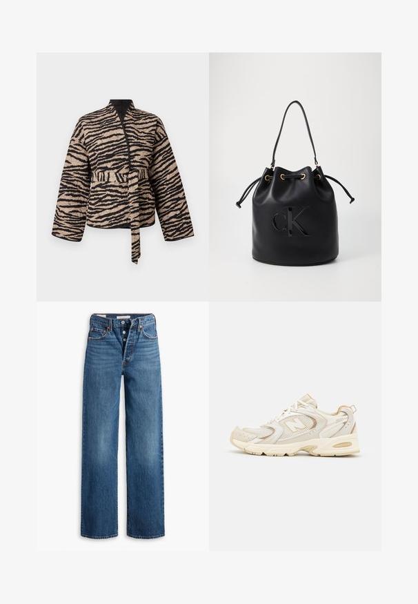 Prešívaná bunda v béžovej farbe s čiernymi tigrovanými pruhmi, so zavinovacím dizajnom, dlhými rukávmi a viazaným pásom.; Hnedý rebrovaný sveter s dlhým rukávom a okrúhlym výstrihom, ktorý vystihuje textúrovanú látku zdôrazňujúcu vertikálne línie. Jednoduchý a priliehavý dizajn.; Modré džínsy s širokými nohavicami, piatimi vreckami, zapínaním na gombíky a kontrastným prešívaním. Štruktúrovaná tkanina s vyblednutým povrchom.; Bežové športové topánky s sieťovinou a syntetickými prekrytiami, s textúrovaným povrchom, polstrovaným golierom a odpružením "ABZORB" na päte.; Čierna kožená vedierková taška so sťahovacím uzáverom, so lesklým logom "CK" na prednej strane a zlatými kovovými detailmi.