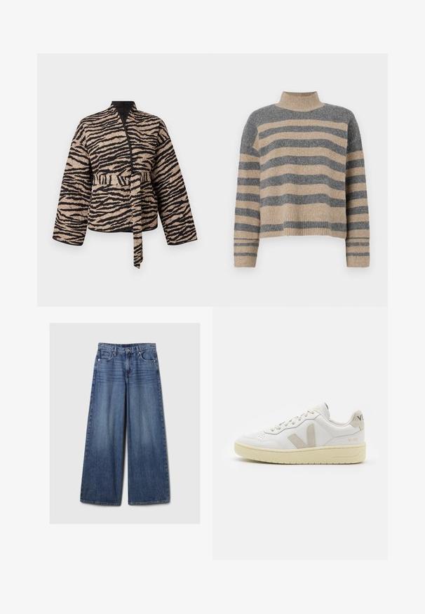 Jaka ar quiltu bežā krāsā ar melniem tīģera svītrām, ar apņemšanas dizainu, garām piedurknēm un jostu, kas sasieta jostasvietā.; Raitaināta džemperis ar pelēkajām un bežām krāsām, augstu apkakli, platām aprocēm un brīvu piegriezumu ar īsu dizainu.; Platām kājām zila denima bikses ar izbalējušu apdari, ar pogu un rāvējslēdzēju, pieciem kabatām un jostu cilpām.; Baltas ādas sporta apavu pāris ar bēšiem zamša akcentiem, caurumiņu purngalā, plakanu šņorēšanu un teksturētu krēmkrāsas zoli. Iezīmējas ar diskrētu zīmolu uz papēža.