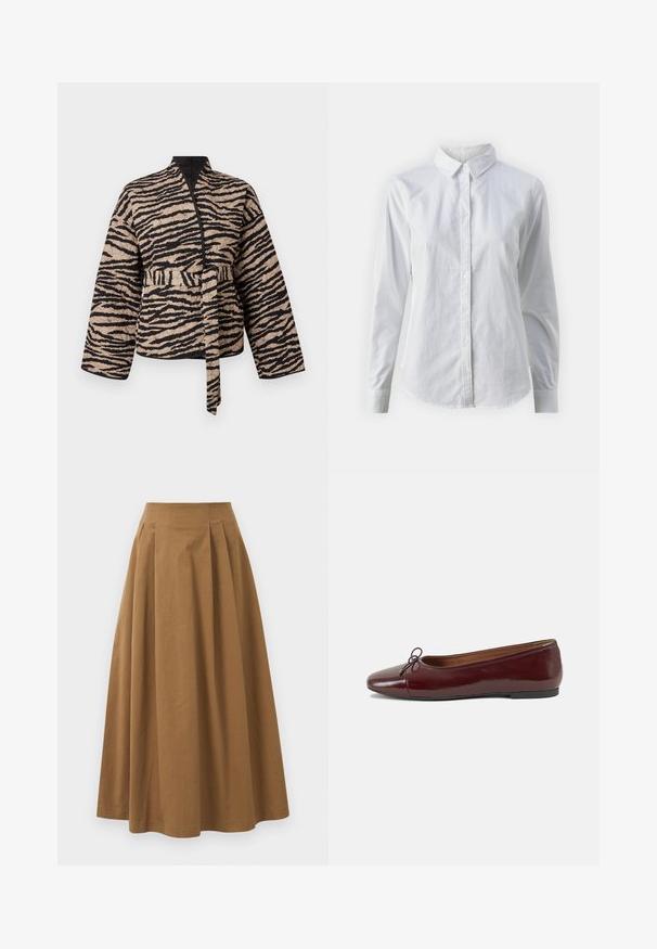 Giacca imbottita beige con strisce nere a forma di tigre, caratterizzata da un design avvolgente, maniche lunghe e una cintura annodata in vita.; Camicia bianca con bottoni, realizzata in cotone liscio, dotata di un colletto classico, maniche lunghe e orlo curvo. I bottoni sono piccoli e bianchi.; Gonna A-line in cotone marrone con vita alta, caratterizzata da pince sulla parte anteriore e una texture liscia. Le finiture dell'orlo sono pulite e semplici.; Ballerine in pelle verniciata bordeaux con punta arrotondata, piccolo fiocco decorativo sulla parte anteriore e suola bassa in gomma nera. Texture liscia.