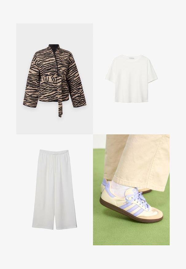 Quilted jakke i beige med sorte tigerstriber, med en omslag design, lange ærmer og et bælte der bindes i taljen.; Hvid kortærmet t-shirt lavet af bomuld. Har en rund halsudskæring og en afslappet pasform. Glat tekstur uden synlige mønstre eller detaljer.; Hvide vidde bukser lavet af letvægtsstof, med en elastisk talje og snøre for justerbar pasform. Glat tekstur.; Creme og lavendel sneakers med tre striber og en tekstureret brun sål, der har snørebånd og en polstret hæl. Blødt stof øvre.