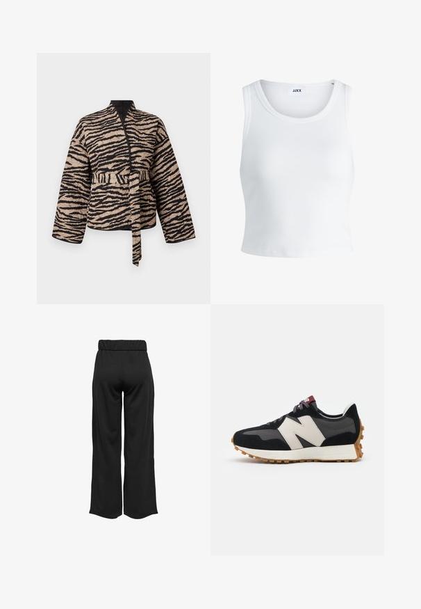 Quilted jakke i beige med sorte tigermønstre, med en innpakningsdesign, lange ermer og en knyttet belte i midjen.; Hvit ribbestrikket tank topp med rund hals, uten ermer og croppe lengde. Merket leser "JJXX." Glatt stoff tekstur.; Svarte, vide bukser med elastisk midje, laget av glatt stoff. Har et rent design uten lommer eller synlige sømmer.; Sorte og grå sued sneakers med et stort cremefarvet "N" logo, lilla snørebånd og en tekstureret gummisål.