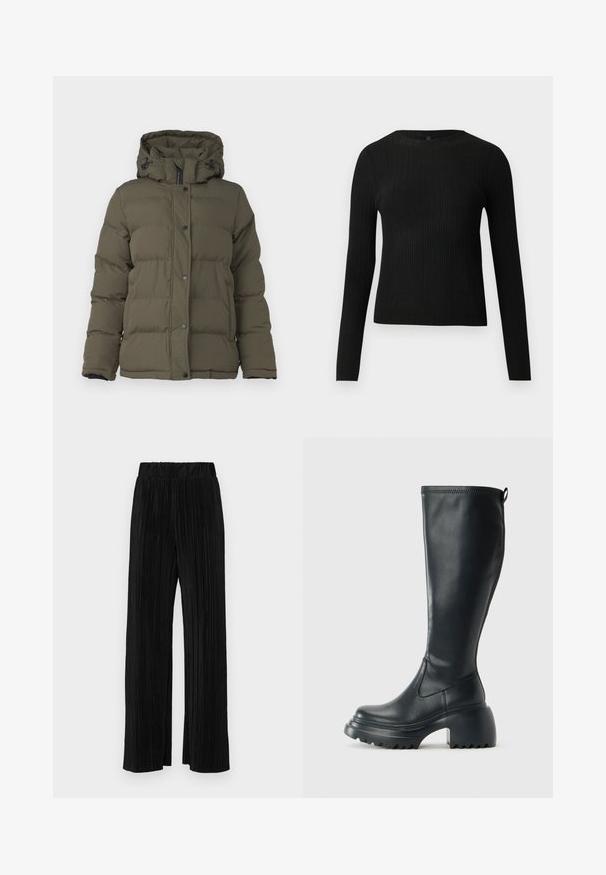 Maslinasto zelena puf jakna s kapuljačom, s prešanim dizajnom, prednjim dugmadi na preklop i crnim detaljima na zatvaraču i manžetama.; Crni rebrasti dugouhasti pripijeni pulover s okruglim izrezom, prikazan na jednostavnoj svijetloj pozadini.; Crne plisirane hlače s elastičnim pojasom. Imaju široke nogavice i glatku, teksturiranu tkaninu s vertikalnim prugama.; Visoke crne kožne čizme s debelim platformskim đonom i blok petom, s patentom za povlačenje i teksturiranim uzorkom na potplatu.