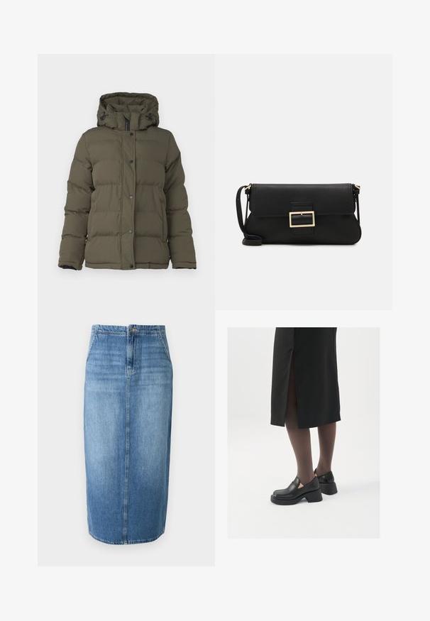 Olíva zöld puffermellény kapucnival, steppelt mintázattal, elülső patentgombokkal és fekete részletekkel a cipzáron és az ujjakon.; JDY JDYDINEA L/S REVERSIBLE - Pulóver - fern; Világoskék farmer ceruza szoknya egyenes szabással, elöl gombos záródással és enyhe fakulással. A szoknya szegélye éppen térd felett végződik.; Fekete bőr cipők lekerekített orral, vastag blokk sarkakkal és elasztikus oldalsó díszítésekkel, sötét harisnyával és hasítékkal ellátott fekete szoknyával párosítva.; Fekete bőr kézitáska hajtóka részlettel és aranyszínű fém csattal. Tartalmaz egy fekete pántot és egy letisztult, minimális dizájnt.