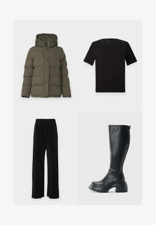 Olivovo zelená prešívaná bunda s kapucňou, zdobená prešívaným vzorom, prednými cvokmi a čiernymi akcentmi na zipsu a rukávoch.; Čierne tričko s krátkym rukávom a okrúhlym výstrihom, vyrobené z mäkkej bavlny. Jednoduchý dizajn, bez viditeľných log alebo vzorov.; Čierne plisované nohavice s elastickým pásom. Majú široké nohavice a hladkú, textúrovanú látku s vertikálnymi pruhmi.; Vysoká čierna kožená čižma s masívnou platformou a blokovým podpätkom, s praktickým pútkom a textúrovaným vzorom na podošve.