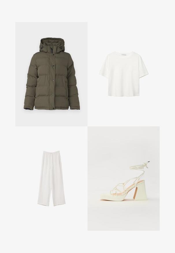 Maslinasto zelena puf jakna s kapuljačom, s prešanim dizajnom, prednjim dugmadi na preklop i crnim detaljima na zatvaraču i manžetama.; Bijela majica kratkih rukava od pamuka. Ima okrugli izrez i opušteni kroj. Glatka tekstura bez vidljivih uzoraka ili naglasaka.; Bijele hlače širokih nogavica napravljene od lagane tkanine. Imaju elastičan pojas s ušicom i bočne džepove. Glatka tekstura.; Bijela sandala na visokoj potpetici s debelim petom, s remenom i vezanjem oko gležnja. Glatka tekstura s platformom sprijeda za dodatnu visinu.