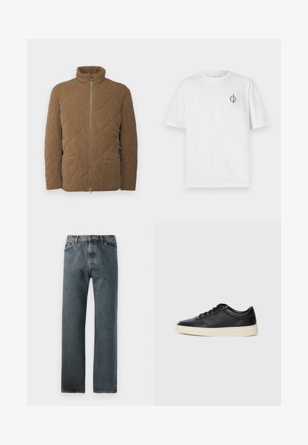 Veste matelassée marron en velours côtelé avec un col haut, fermeture éclair à l'avant et poches latérales ; présente un motif de couture en forme de diamant.; T-shirt en coton blanc avec une coupe décontractée, présentant un petit logo graphique noir sur le côté gauche de la poitrine. Manches courtes, col rond.; Jeans en denim de couleur foncée, présentant un design à jambe droite, des coutures discrètes et une fermeture à bouton avec une finition à cinq poches.; Baskets en cuir noires à tiges basses avec lacets noirs et semelle ivoire, présentées en profil latéral sur fond blanc.