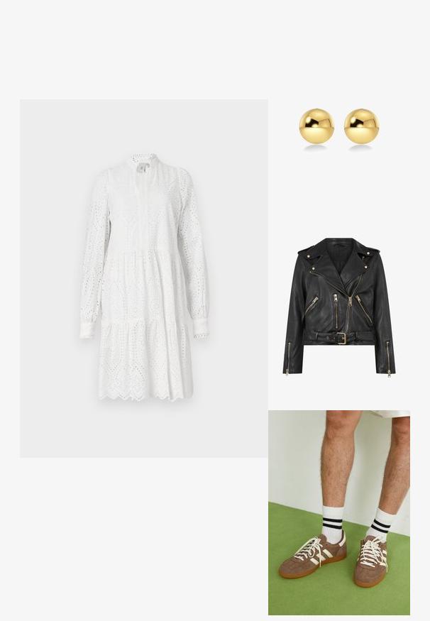 Melnas ādas motocikla jaka ar pieguļošu dizainu, zelta rāvējslēdzēju detaļām, vairākiem priekšējiem rāvējslēdzēja kabatām un jostu vidukļa daļā. Iekļauti plecu epauleti.; Balta garām piedurknēm kleita ar acu izšuvumu, augstu apkakli un daudzslāņu svārkiem. Iezīmē viļņotu apakšmalu un nelielu savilkumu viduklī.; Brūni zamša sporta apavi ar baltām akcentu un auklām. Kaučuka zole. Nēsāti ar baltām zeķēm, kurām ir melnas svītras. Zaļa struktūrēta grīda.; Zeltainas sfēriskas auskaru pušķis ar mirdzošu, atstarojošu virsmu. Dizains ir vienkāršs un gluds, radot modernu, minimālistisku izskatu.