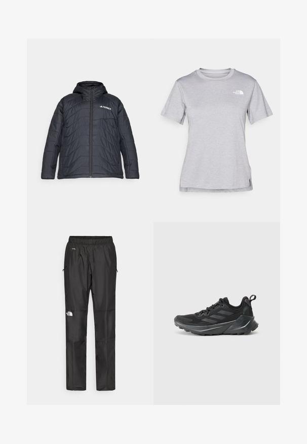 Crna puffer jakna s kapuljačom, sa prednjim zatvaračem na rajsferšlus, kviltanim dizajnom i logom na lijevoj strani prsnog koša. Glatka tekstura.; Siva kratka majica s kratkim rukavima izrađena od mekog, tkanog materijala koji upija vlagu. Ima okruglu izrez i mali bijeli logo na gornjem lijevom dijelu.; Crne vodootporne hlače napravljene od lagane tkanine, s elastičnim pojasom, bočnim džepovima i logotipom na lijevoj nozi.; Crne atletske cipele s teksturiranim gornjim dijelom od tkanine, istaknuti trostruki dizajn u sivoj boji, ufleksibilni srednji dio i čvrsti potplat.