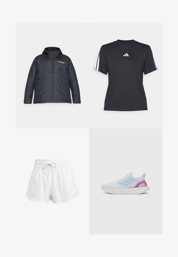 Doudoune noire avec capuche, dotée d'une fermeture éclair à l'avant, d'un design matelassé et d'un logo sur la poitrine gauche. Texture lisse.; T-shirt de sport noir en tissu doux, avec un col rond, des manches courtes et trois rayures blanches sur chaque épaule. Logo blanc sur la poitrine.; Shorts de sport blancs avec une taille élastique et un cordon de serrage réglable. Fabriqués en matériau léger, ils sont dotés de poches latérales et d'une coupe ample.; adidas Performance PUREBOOST 5 - Chaussures de running sur route - white/glow blue/purple burst