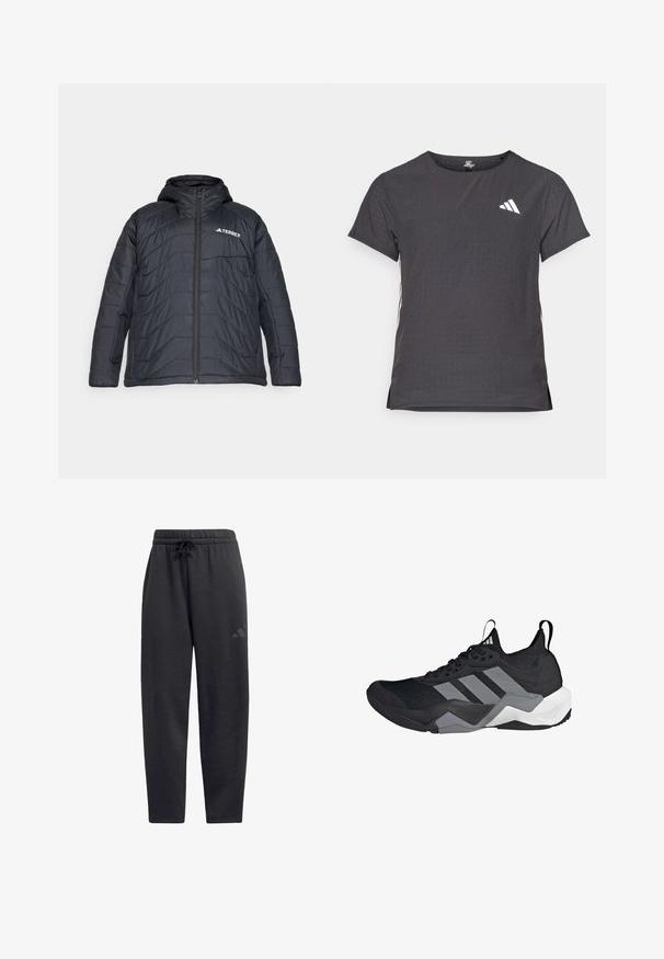 Black puffer jacket with a hood, featuring a zip front closure, quilted design, and a logo on the left chest. Smooth texture.; Short-sleeve athletic t-shirt, dark gray with perforated texture. Features a white logo and contrasting side stripes. Rounded neckline.; Black sweatpants made of soft fabric, featuring an elastic waistband with a drawstring, straight legs, and a discreet logo on the thigh.; Black athletic shoe with a breathable mesh upper, grey accents, textured sole, and three distinctive stripes on the side.