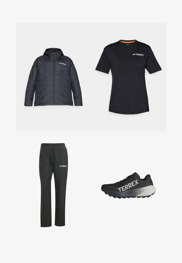 Must mustaga, millel on kapuuts, tõmblukuga eesmine sulgemine, kvaliteetne tikand ja logo vasakul rinnal. Sile tekstuur.; Must t-särk lühikeste varrukatega, ümmarguse kaelusega, millel on peen heather struktuur ja valge "TERREX" logo vasakul ülanurgas.; Mustad mustad püksid elastse vöökohtiga. Elegantselt diskreetne valge "TERREX" logo. Sile kangas ja sirge jala disain.; Mustad mustus jooksujalats, millel on tekstuuriga pealmine osa, silmapaistev valge "TERREX" logo, kitsenev talladisain ja halli gradientaktsent kandadel.