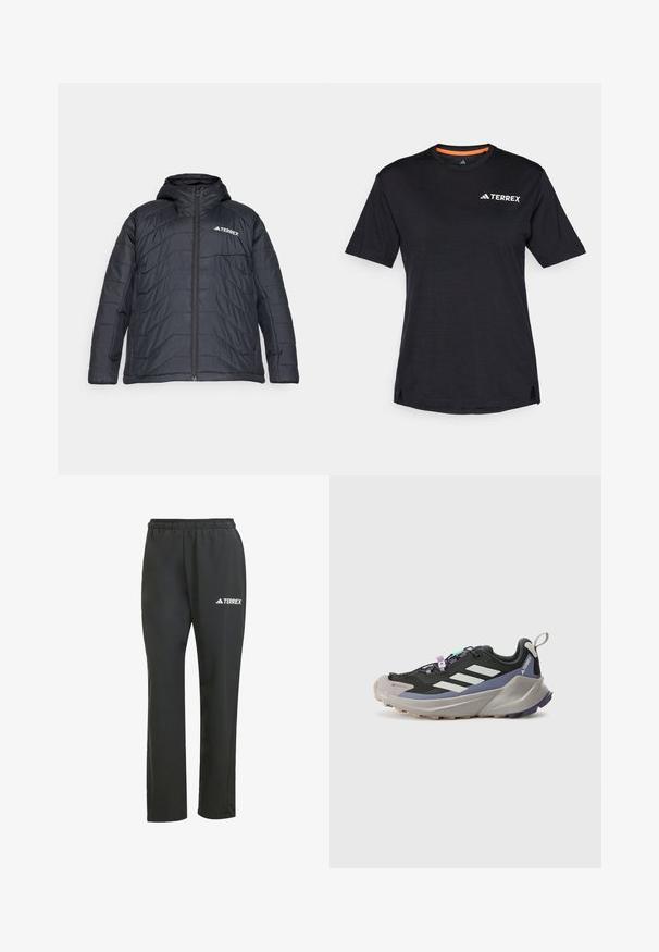 Juodas pūkinis džemperis su kapišonu, su užtrauktuku priekyje, siuvinėta konstrukcija ir logotipu kairėje krūtinės pusėje. Lygus paviršius.; Juodas trumpas rankovės marškinėliai su apvaliu kaklu, su subtiliu melange tekstūra ir baltu "TERREX" logotipu viršutiniame kairiajame kampe.; Juodos lengvos kelnės su elastine juosta. Pabrėžia subtilų baltą „TERREX“ logotipą. Lygus audinys ir tiesus kirpimas.; Juodas sportinis batas su Gore-Tex viršumi, baltomis juostelėmis, purpuriniais akcentais, storu pilku viduriniu padu ir tekstūruotu pilku išoriniu padu, kuris suteikia sukibimą.