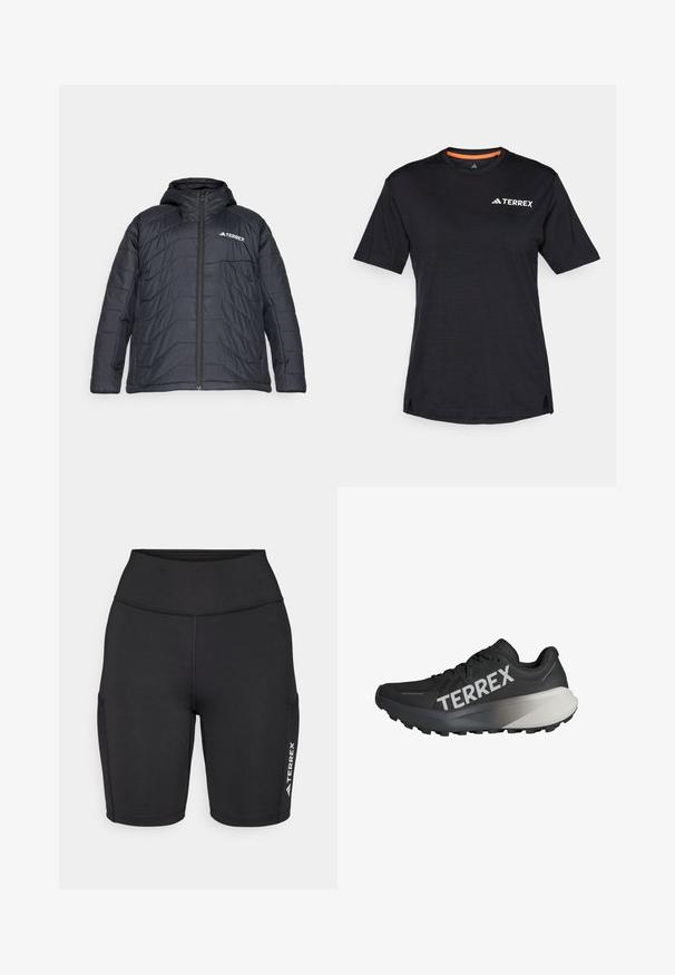 Chaqueta acolchada negra con capucha, que cuenta con un cierre frontal con cremallera, diseño acolchado y un logo en el lado izquierdo del pecho. Textura suave.; Camiseta negra de manga corta con cuello redondo, que presenta una sutil textura jaspeada y el logo blanco "TERREX" en la parte superior izquierda.; Pantalones cortos deportivos negros hechos de una tela elástica, con una cintura alta, bolsillos laterales y un acento de logo blanco en una pierna.; Zapatilla de correr negra con parte superior texturizada, destacado logo "TERREX" en blanco, diseño de suela cónica y un acento en degradado gris en el talón.