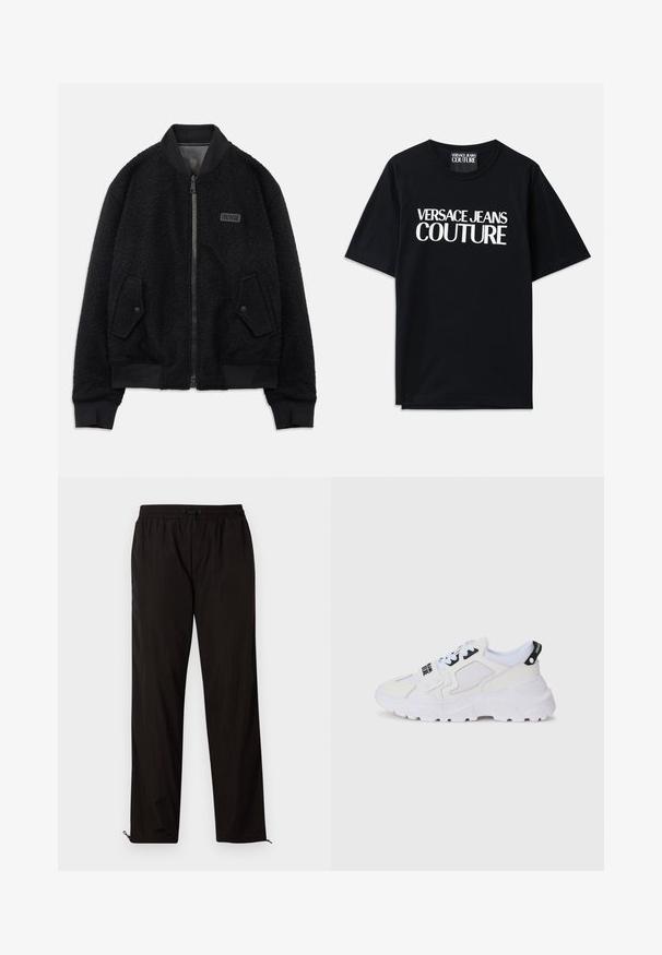Must musta jope, mis on valmistatud tekstureeritud fliisist, funktsiooniga lukuga, ribide krae ja mansettide ning logosildiga vasakul rinnal.; Mustmust värvi puuvillane T-särk lühikeste varrukatega, mille esiküljel on suur valge kiri "VERSACE JEANS COUTURE". Klassikaline ümarkaelus.; Mustad mustriga püksid elastse vöökoha, nööridega sulgemise ja reguleeritavate sääreotstega, millel on lukud. Sile ja läikiv tekstuur.; Valged jooksujalatsid, millel on võrkmaterjalist pealiskate, paks tall ja mustad aktsendid trükitud brändinguga. Tekstuuriga ja struktureeritud disain.