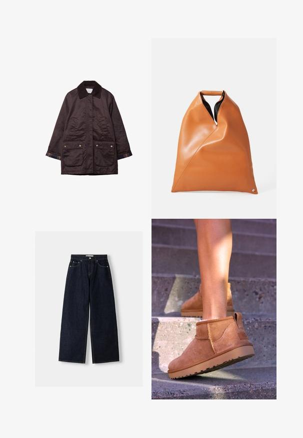 Mörkbrun mellanhög jacka med en kordflätskrage, framfickor med knapp och rutigt tygfoder synligt vid manschetterna.; Grå stickad tröja med bred halsringning, långa ärmar och ribbade muddarna. Tyget verkar mjukt med en lätt textur och avslappnad passform.; Mörkblå denim med vida ben och hög midja, fem fickor, kontrastsömmar och silverfärgad metalldetaljer. Slät textur och ren finish.; Tan mockasiner med en mjuk textur, sömnadsdetaljer och en gummisula, med en öglad häl för enkel påtagning.; Läderväska i tanfärg med triangulära veck, topphandtag och svart inredning mot en enkel vit bakgrund.